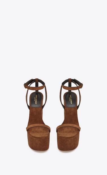 SAINT LAURENT Sandals Woman Frida 85 compensated sandal in caramel suede b_V4